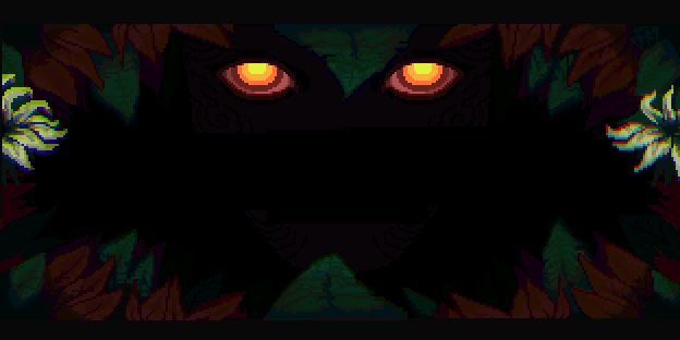 Forest Shack pixel-art bumper with glowing eyes in a dark forest